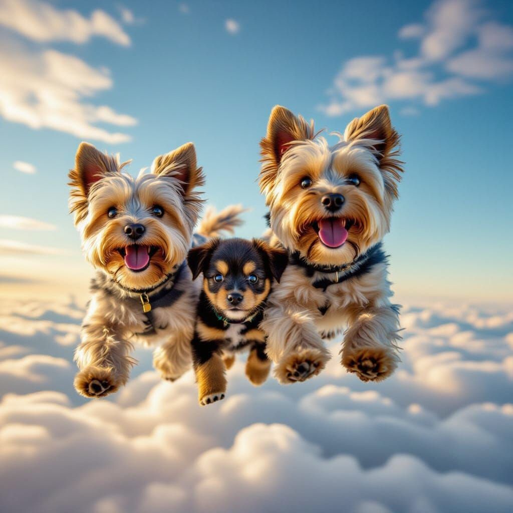 A striking image of a Yorkshire terrier family, including parents and a puppy, flying joyfully through a vibrant, cloud-filled sky. Captured...