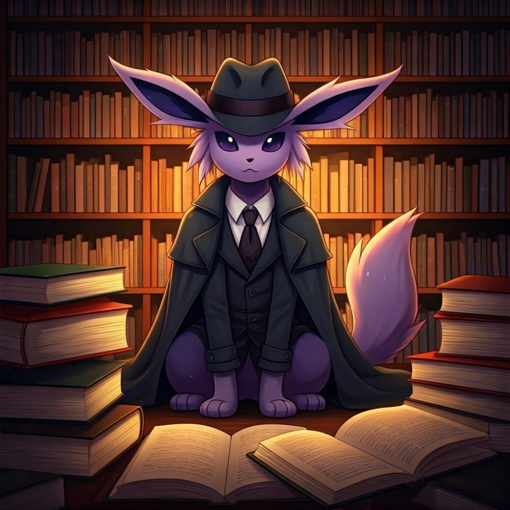 Anime-Inspired Espeon in Detective Attire, Surrounded by Old...