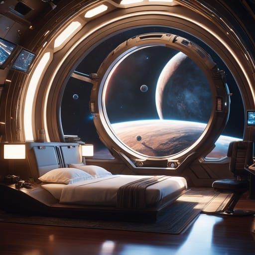 Sci-fi luxurious bedroom on an orbital station