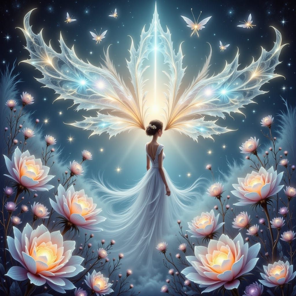 A paint splattered Ethereal, splatter with colossal, crystalline flowers pulsing soft light, delicate gossamer wings fluttering, amidst intr...