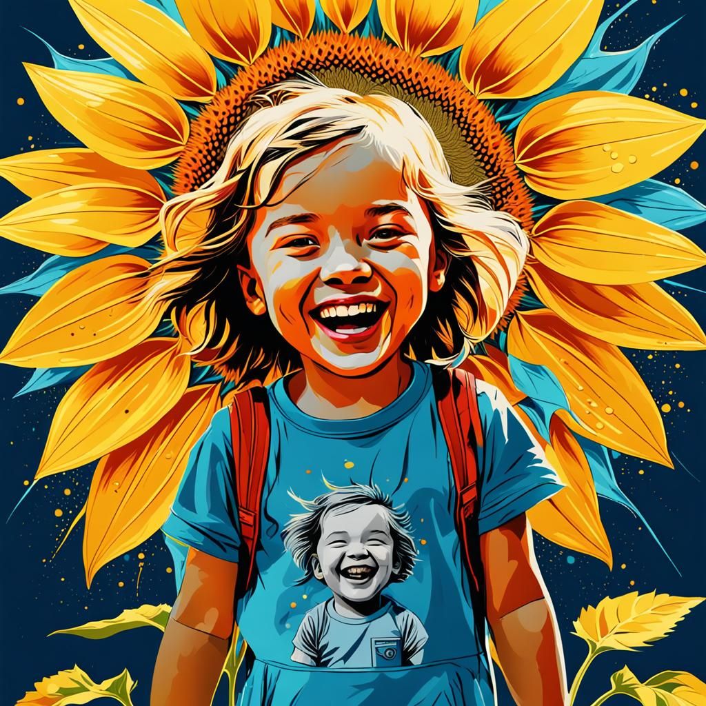 A sunflower and a laughing child.