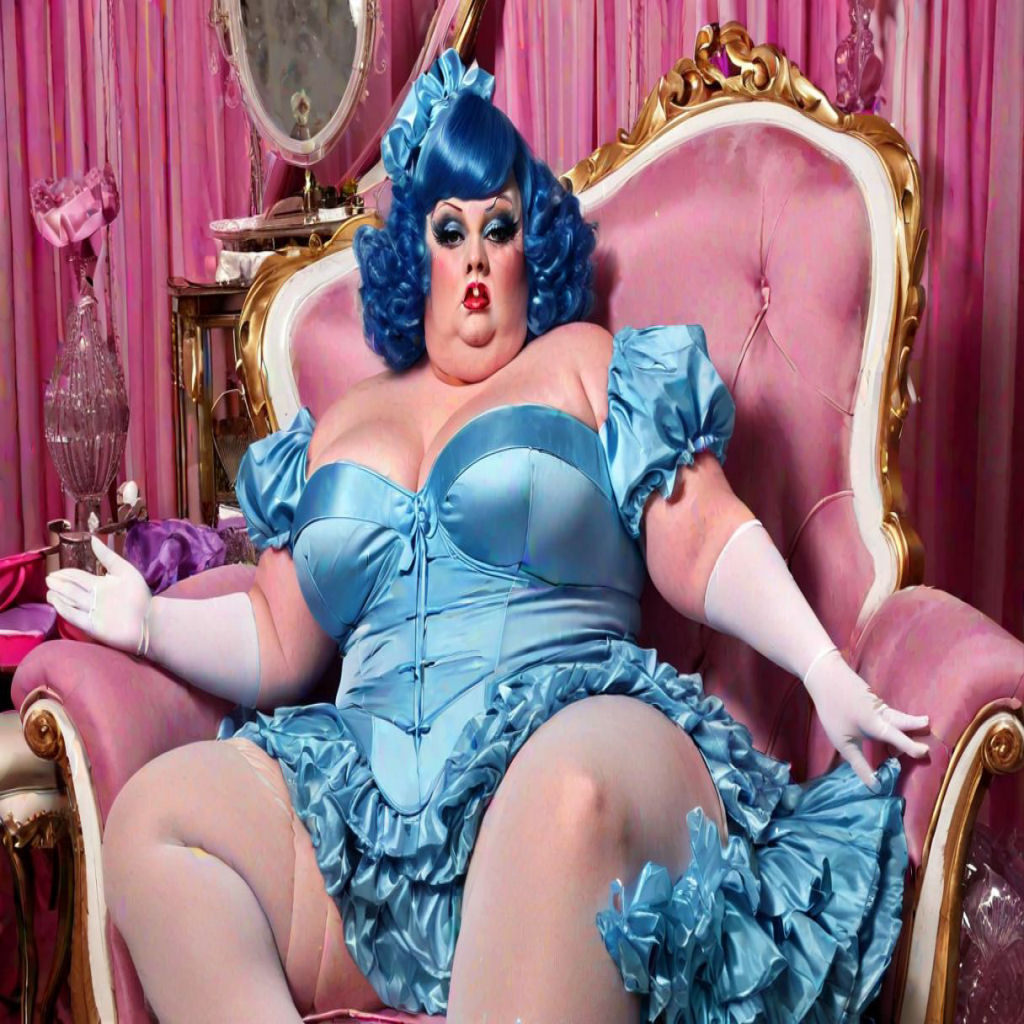Poofy Extravagant Ultra Femme Fat Obese Overweight Drag Queen wearing a Flamboyant Satin Corset and Silk Stockings
