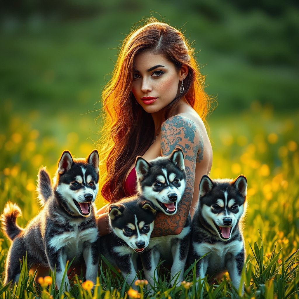 Beautiful female long brown hair with tattoos in a field sur...