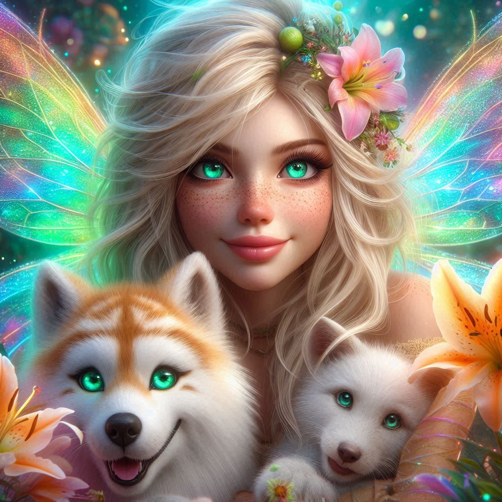 Wolfie, Aurora and Wilson with Oriental Lilies