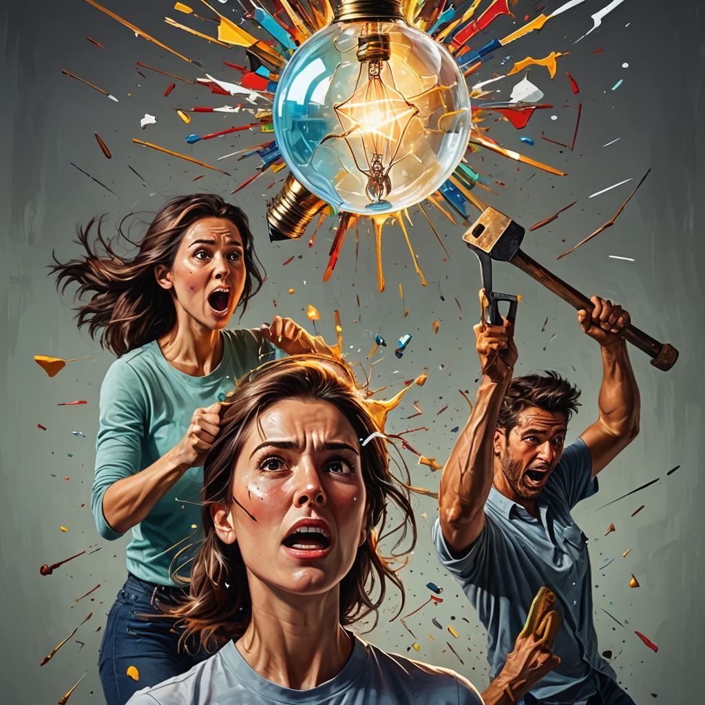 Big lightbulb coming out of head of Woman , giving of bright light,man with  hammer trying to smash it , Hyperrealistic, splash art, concept... - AI  Generated Artwork - NightCafe Creator