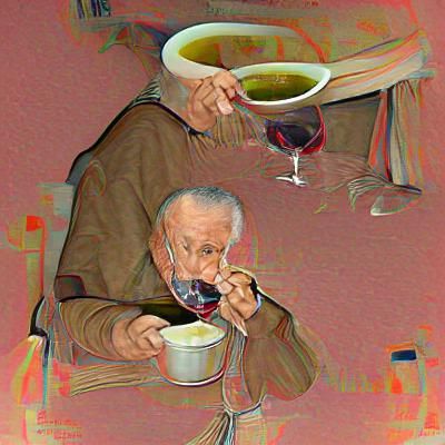 Old French man eating wine soup