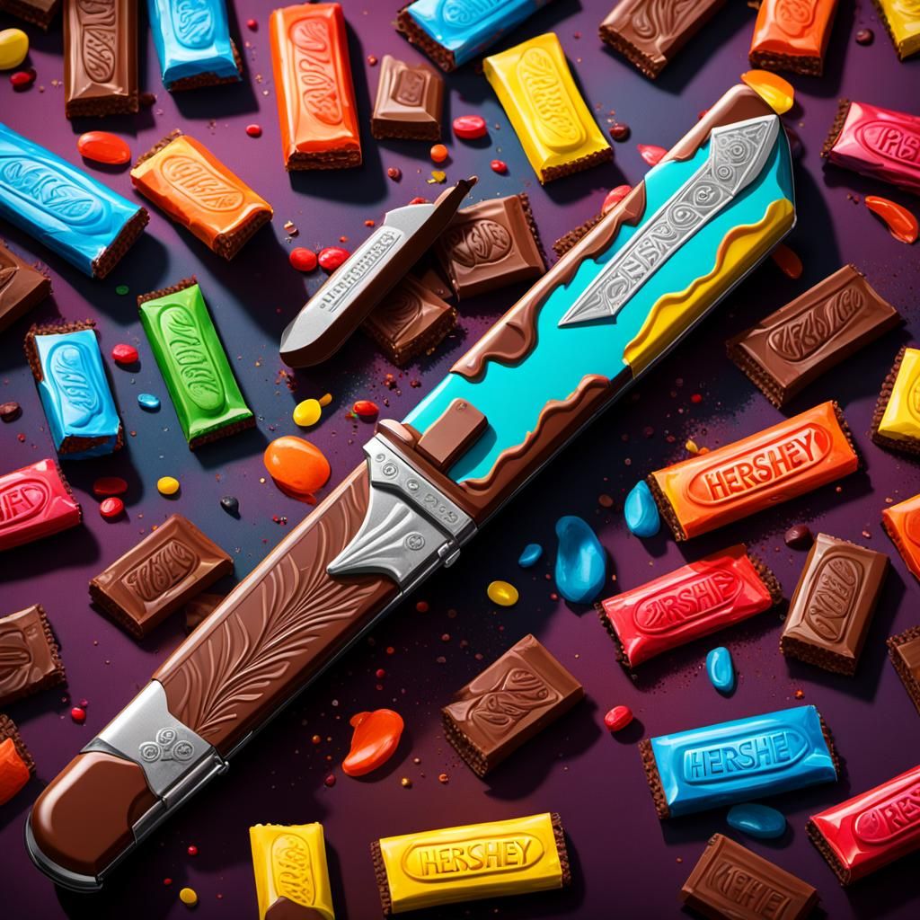 A switchblade knife made out of Hershey Candy bars