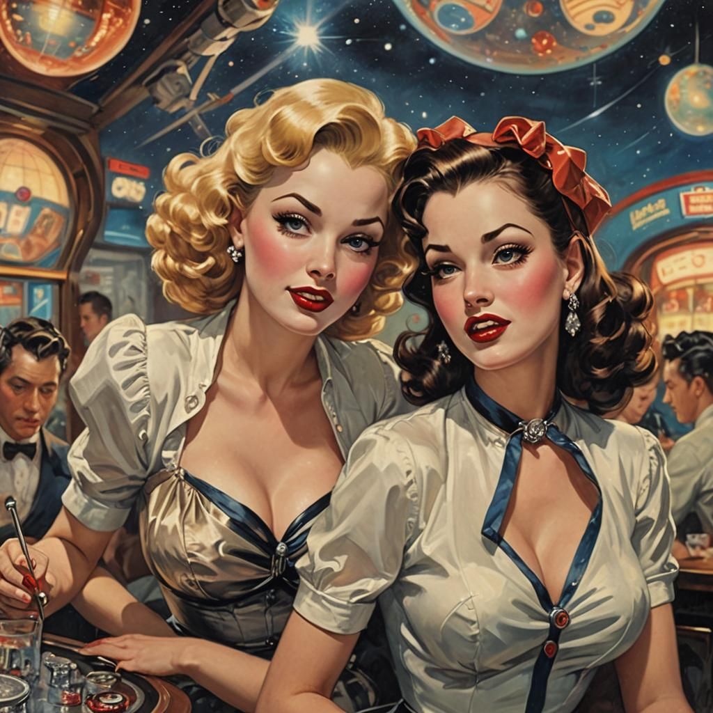 Retro Space Nightclub Scene in Pin-Up Style