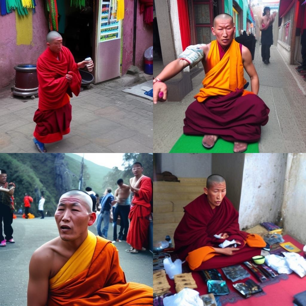 Tibetan monk dealing with drugs on a rave
