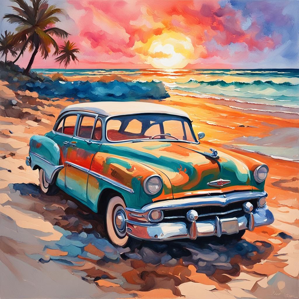 sunset 50's car on beach