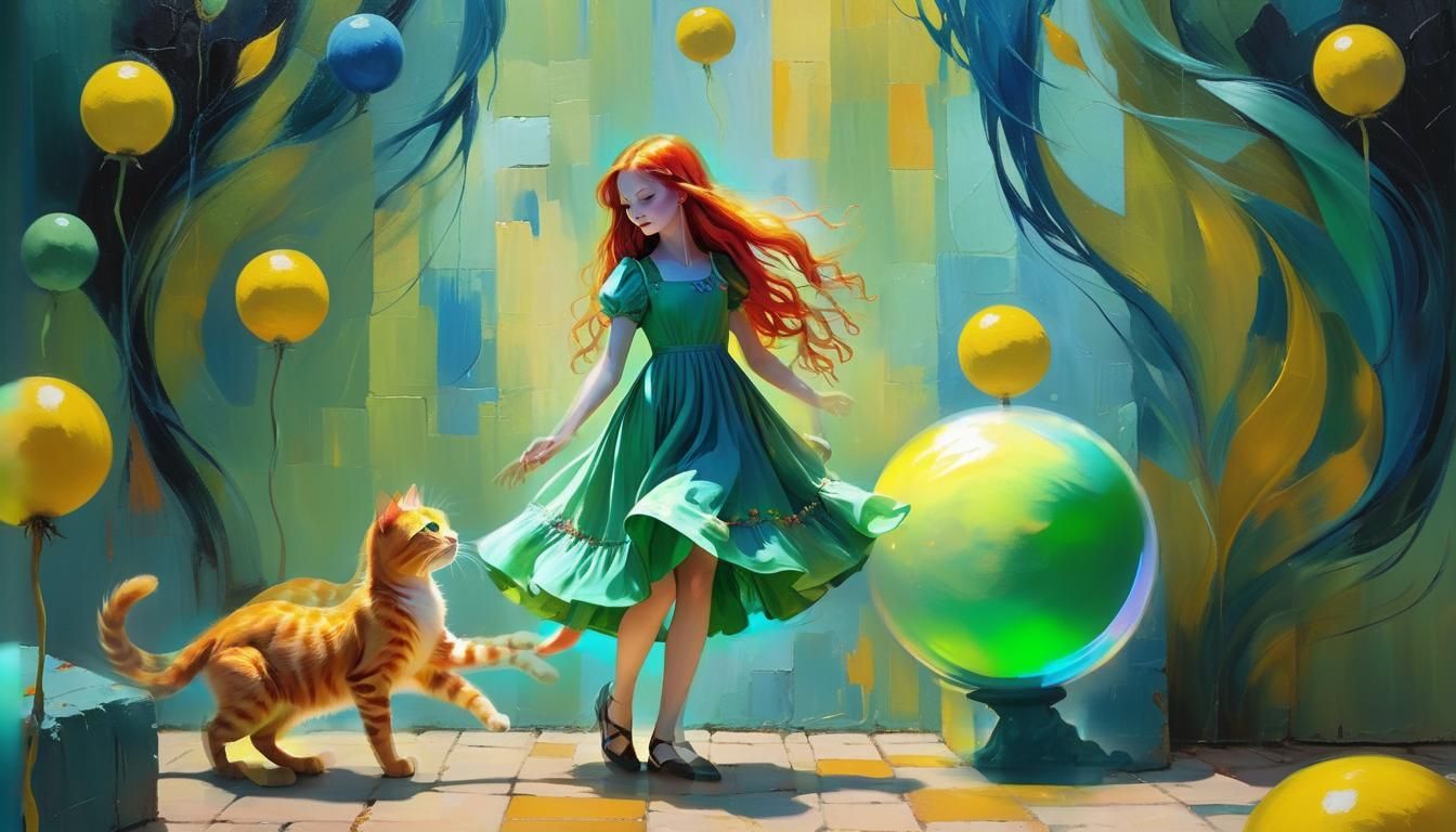 A young girl with long red hair and a green dress stands on one leg, her hand touching the ground as she gazes into the eyes of a yellow cat...