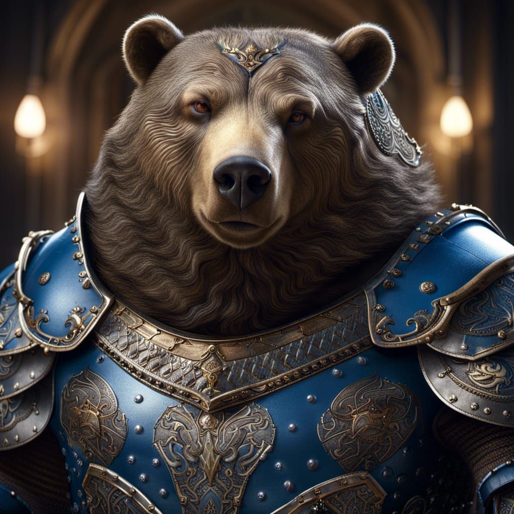 head and shoulders portrait of an Obese Bear knight wearing ornate blue ...