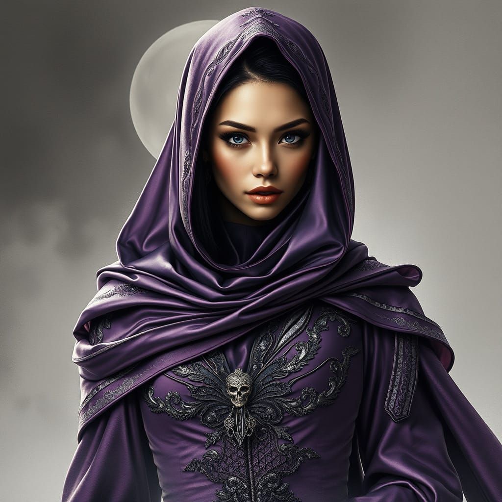 Ethereal Fashion Model in Plum-Colored Gown, Futuristic, Cha...