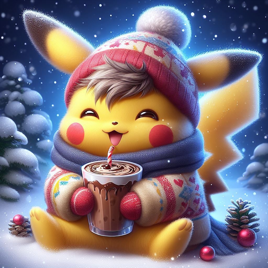 happy-fuzzy-pikachu-in-adorable-winter-clothes-drinking-hot-chocolate