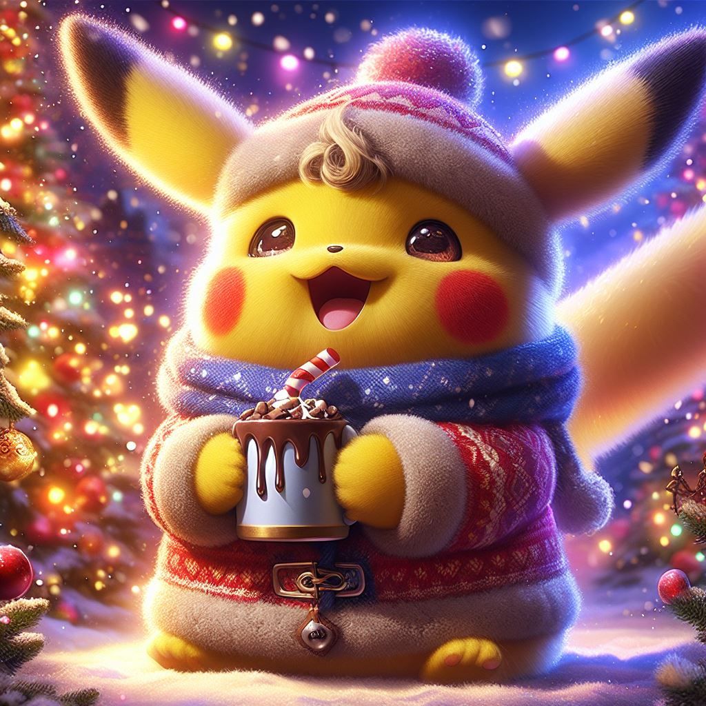 Happy Fuzzy Pikachu in Adorable Winter Clothes Drinking Hot ...