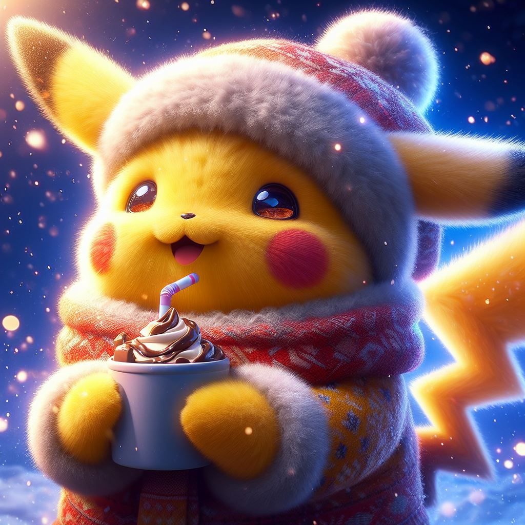 Happy Fuzzy Pikachu in Adorable Winter Clothes Drinking Hot ...