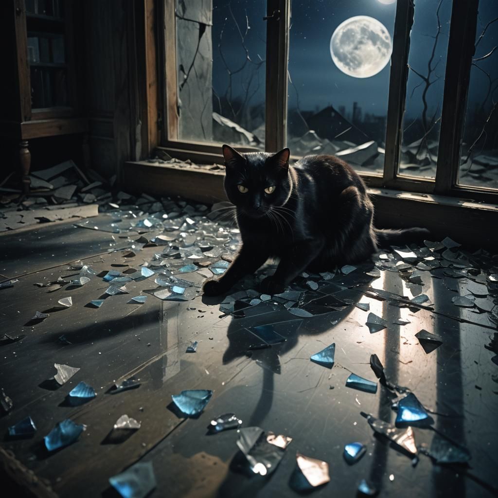 broken mirror. A young black cat cut his paw on a piece of glass. The full moon was shining through the ...  by @AI IRISKA