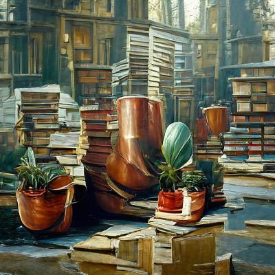 Books, Plantpots and a Copper Vase