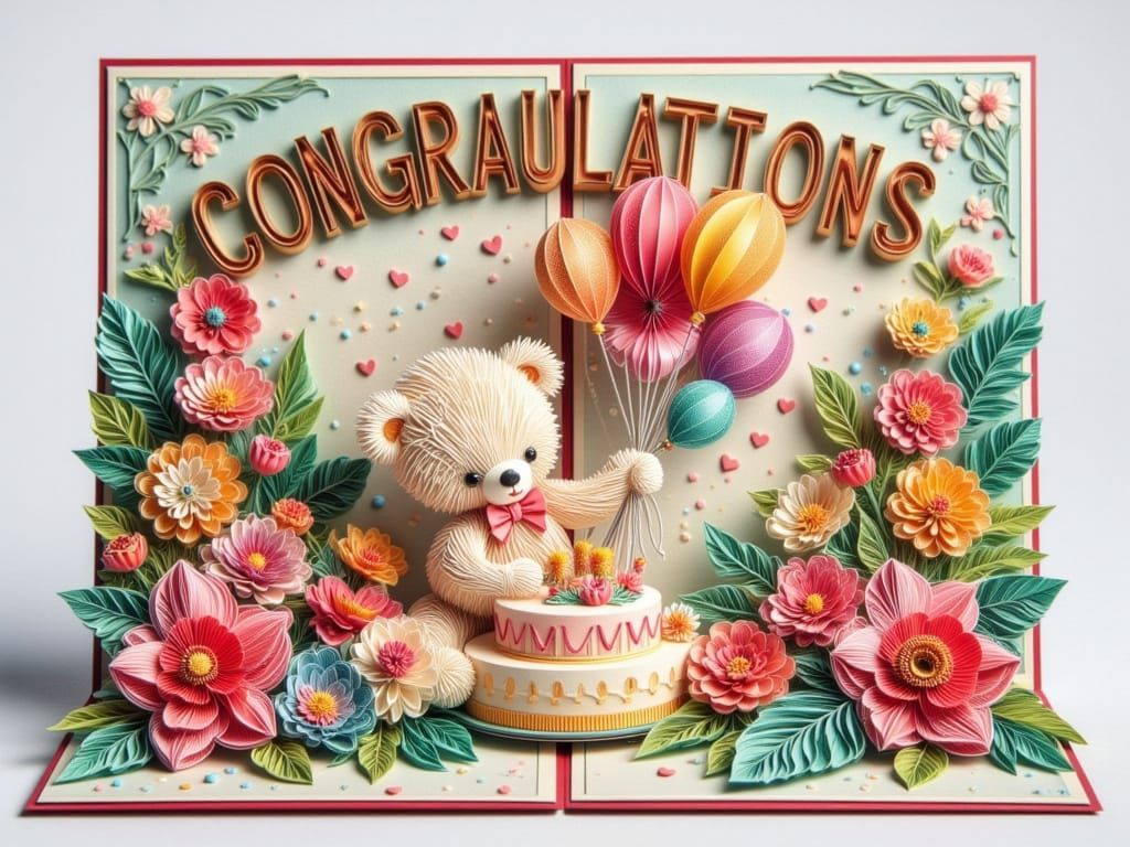 and elegant, bold text "CONGRATULATIONS" on a pop-up postcard A 3D quilted origami paper art in birthday style, decorated with flowers and A...