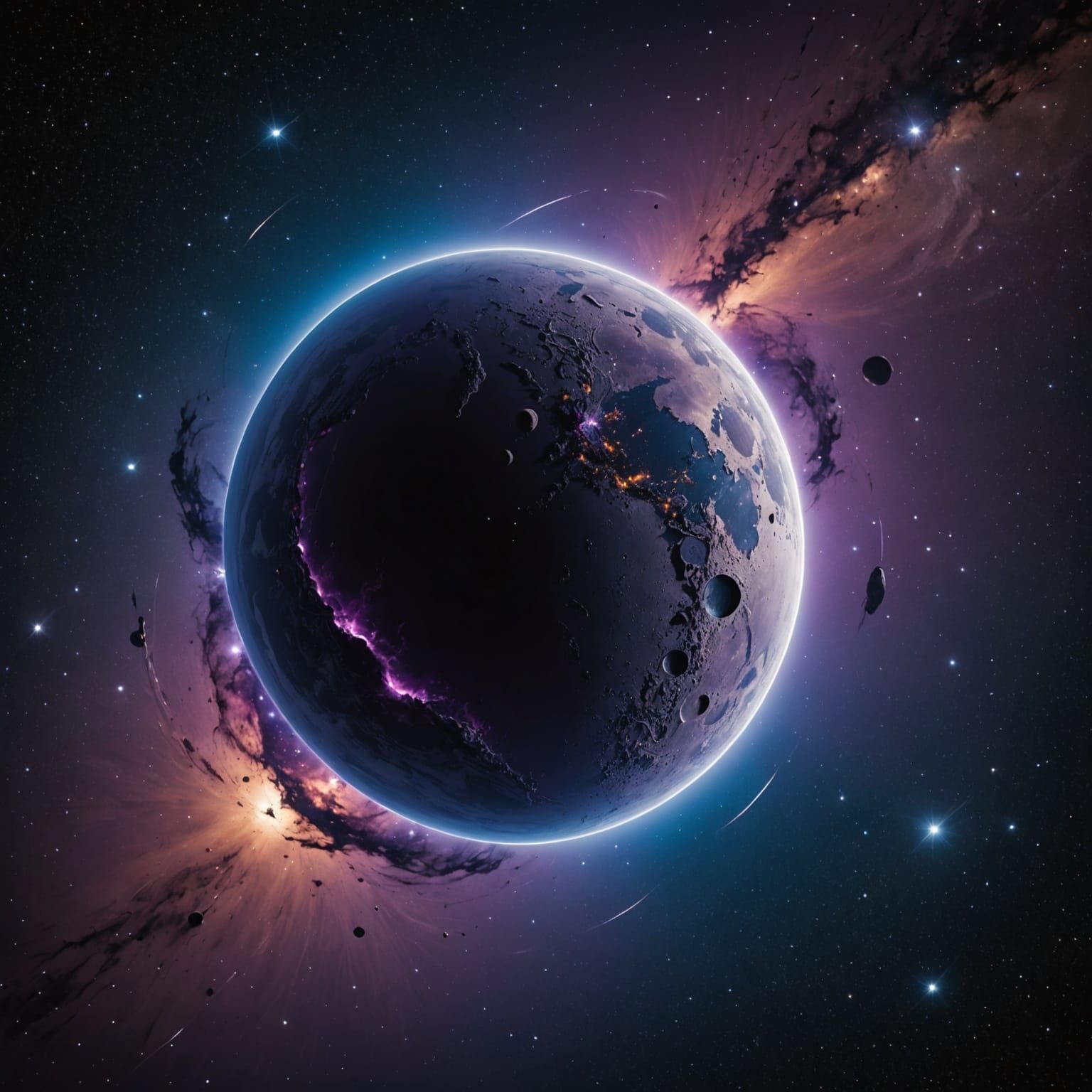 A purple and blue planet slowly crashed into the moon