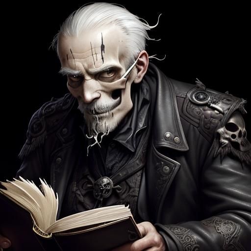an old man reading a black leather bound tome, the skull vis...