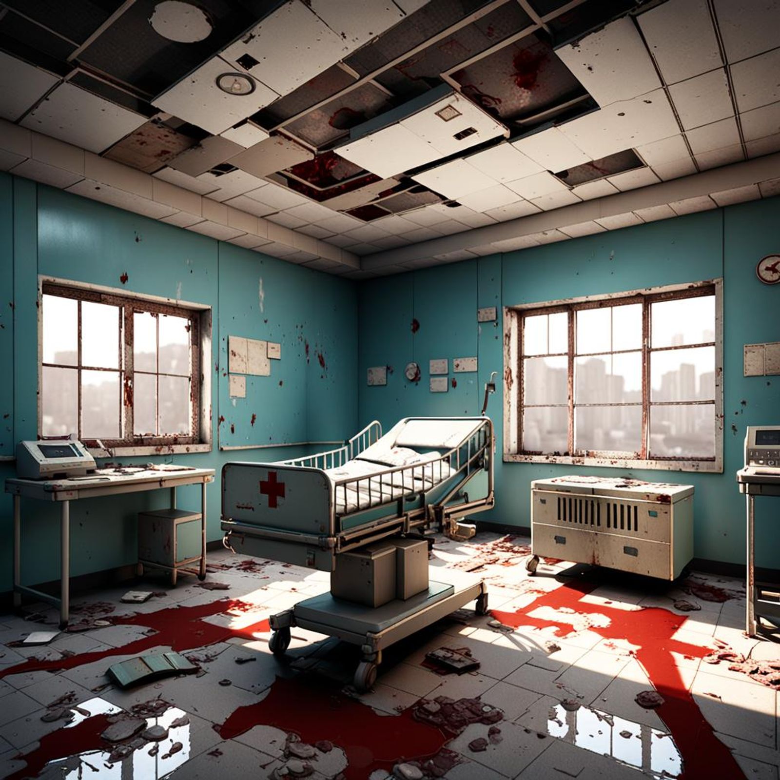 Battle damaged, dried out Blood on the floor, crumbling nursery in