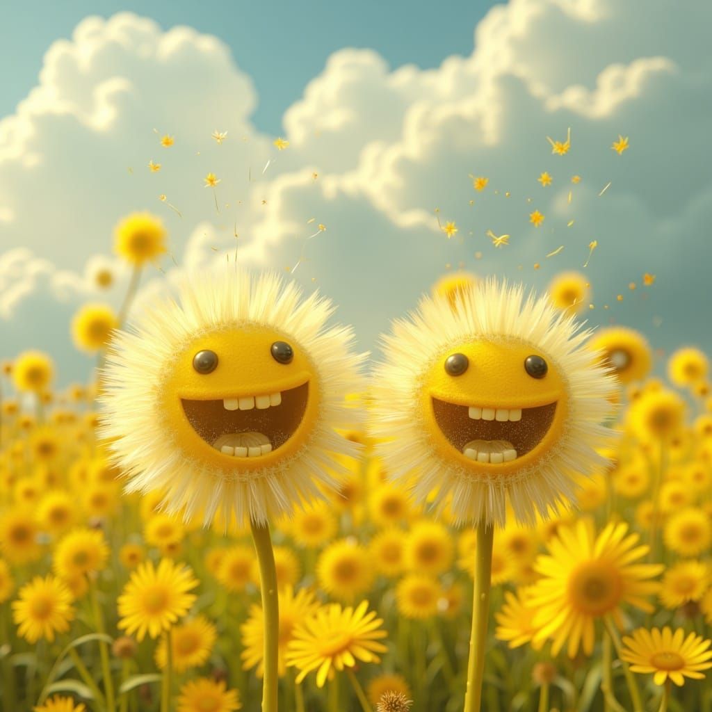  <lora:MJ6 Cuties:1.0> Two smiling dandelions with eyes and mouths, in the background is an endless field of yellow flowers, a sky full of c...