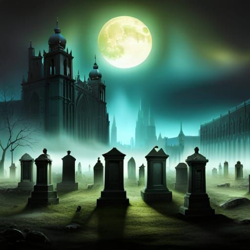 cemetry, neon blue mist covering the ground, night, ghosts m...