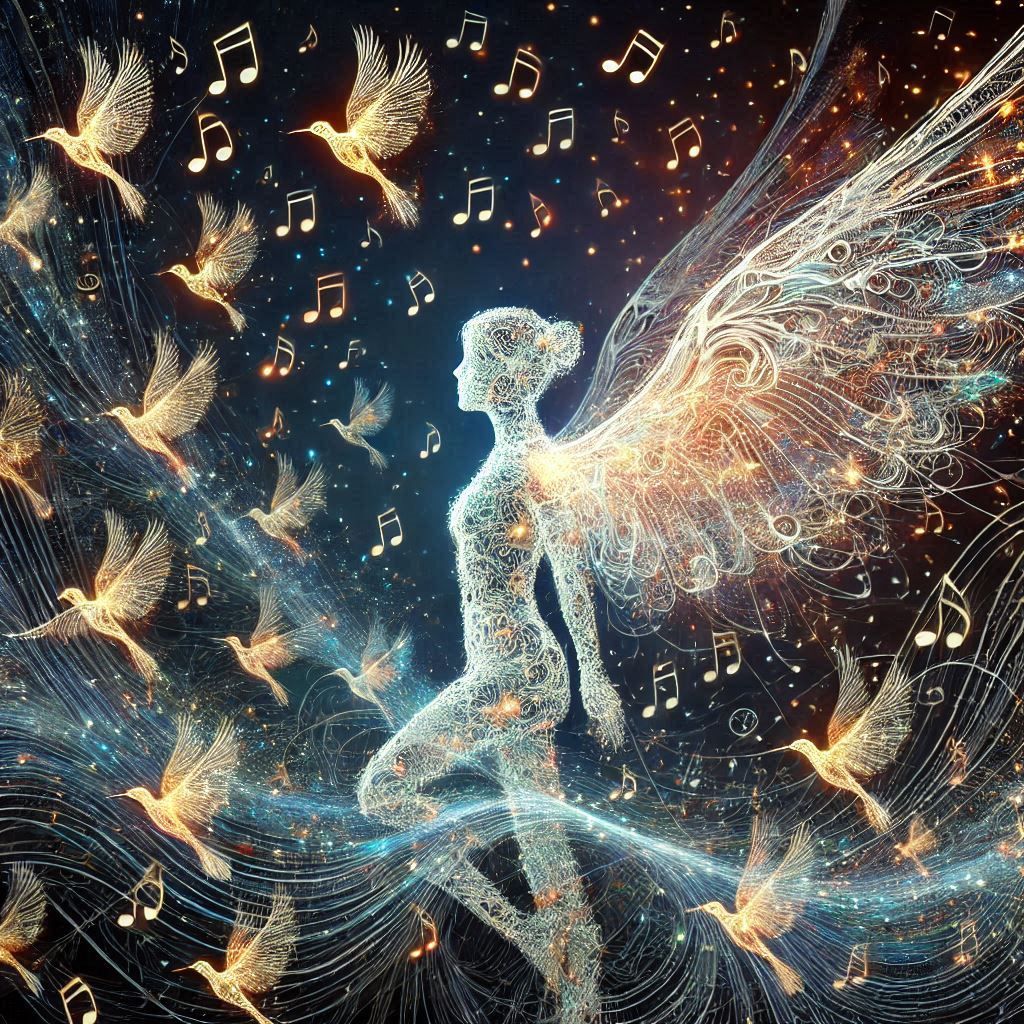 a person with wings, surrounded by hundreds of glowing notes, Delicate, filigree-like networks of birds in flight, multi...