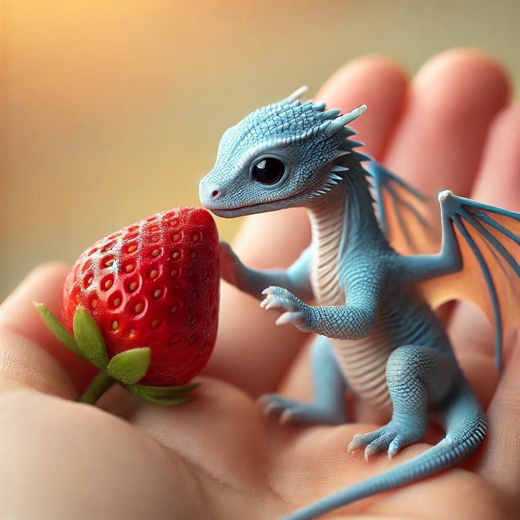 Cute Baby Dragon Sniffing a Strawberry in the Palm of One Hand