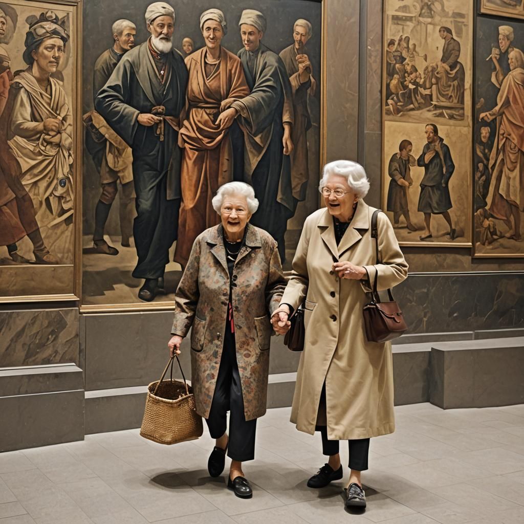 a happy grand mother walking at the musseum with a tolder gr...