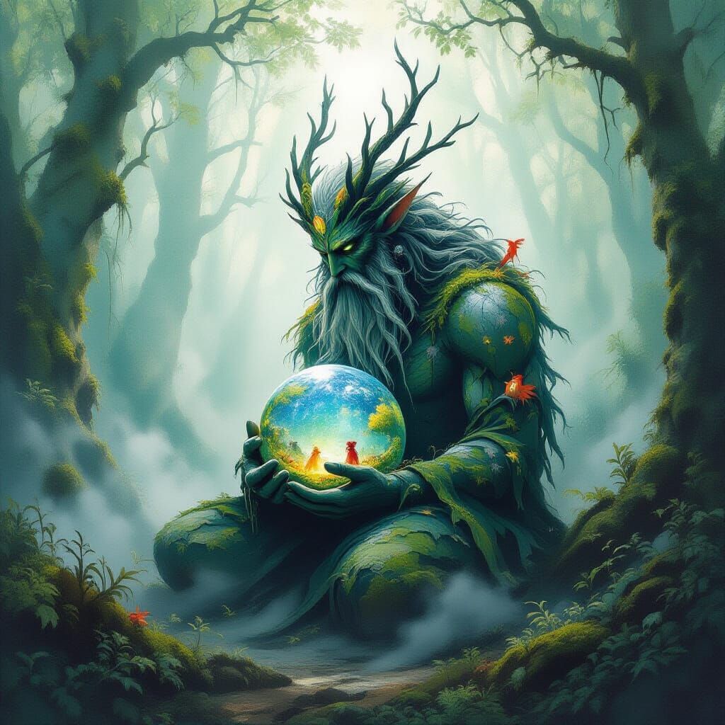 Envision a colossal, benevolent forest spirit, its form woven from ancient trees and glowing flora, kneeling protectively in a misty grove, ...