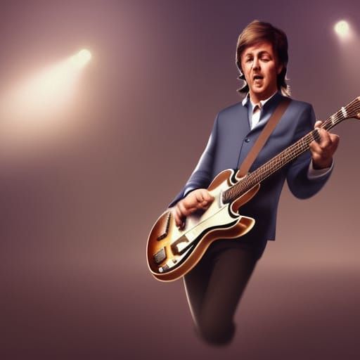 Paul McCartney during the beatles, playing guitar, happy. Br...