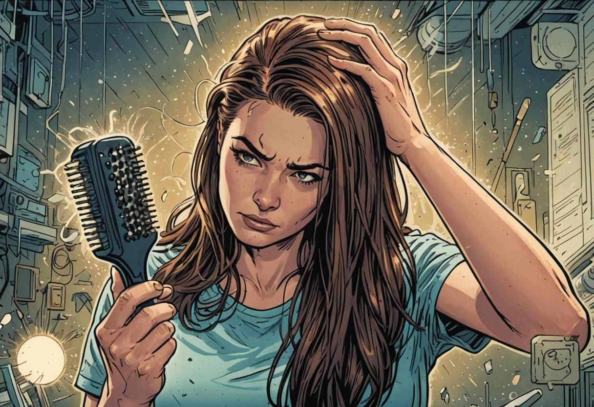 Woman brushing her hairs worried about hair fall