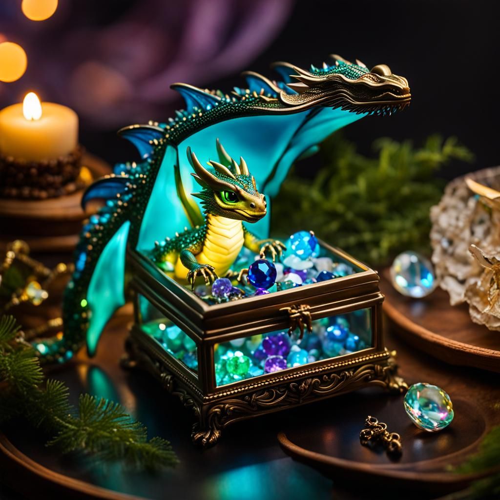 A cute miniature baby dragon sitting in a glass jewelry box ...