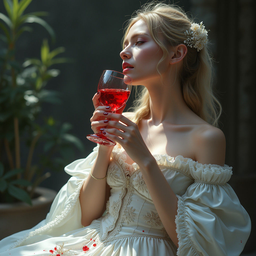 Elegant Woman in White Dress Drinking Blood