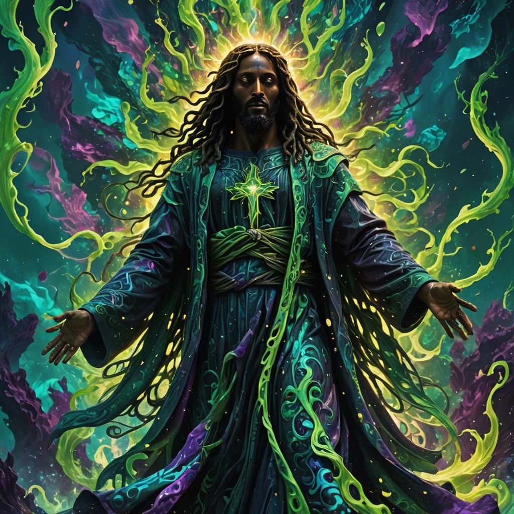 Black christ dreaming in the green psychedelic fire of the deep ocean 