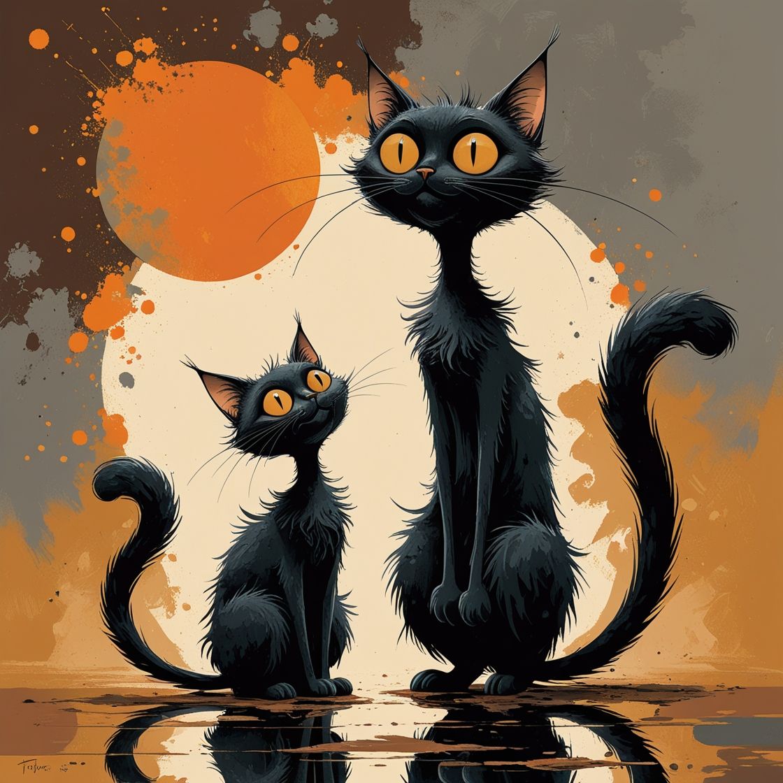 two black cats with whimsical features