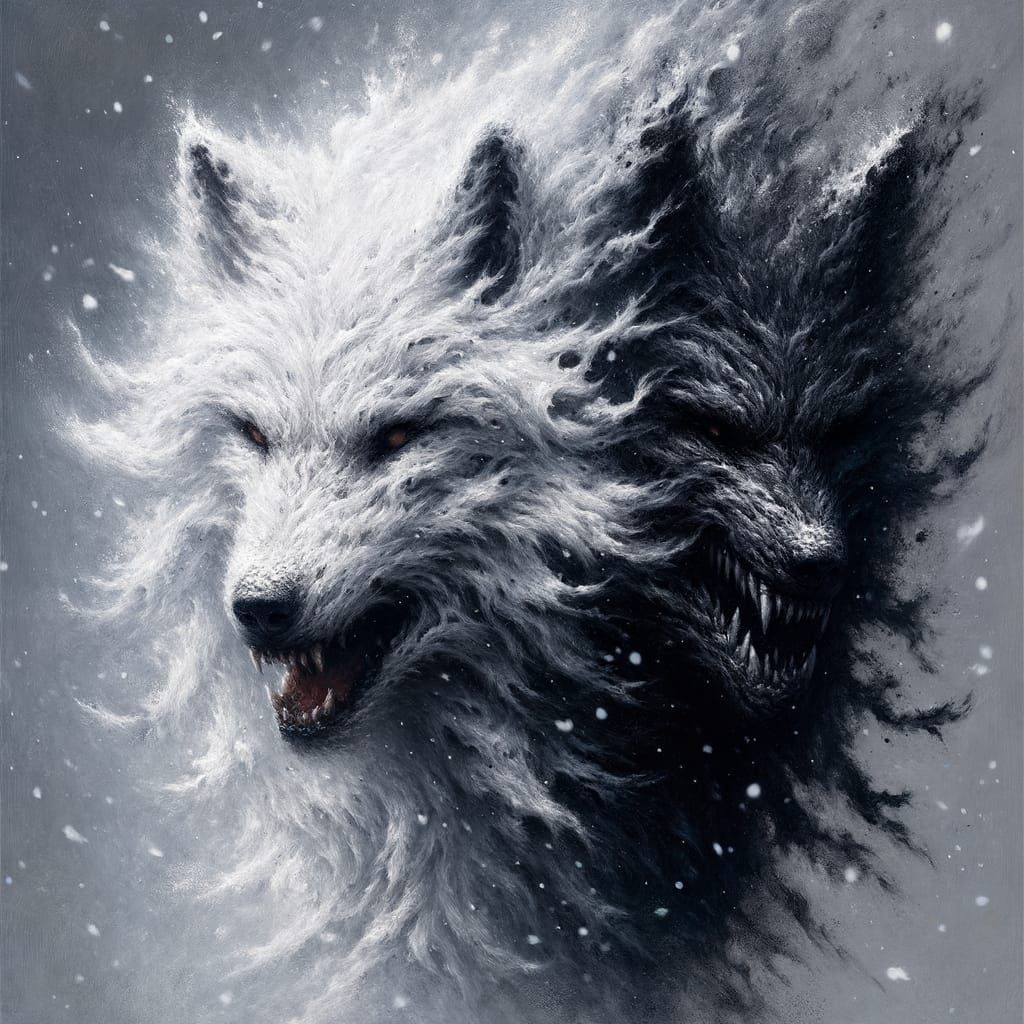 Ethereal White Wolf Blurs into Background, Shadowy Counterpa...