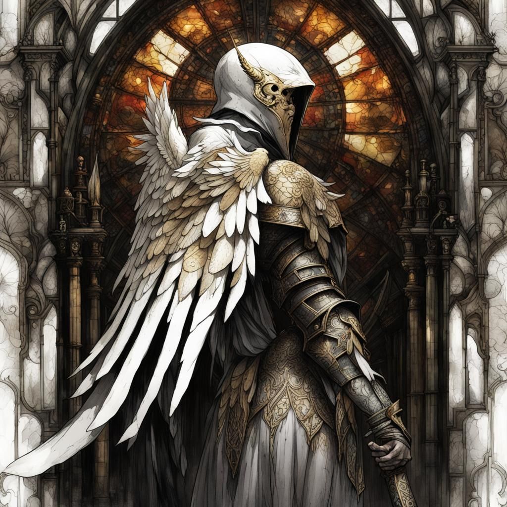 Gothic Angel Knight in Stained Glass Style