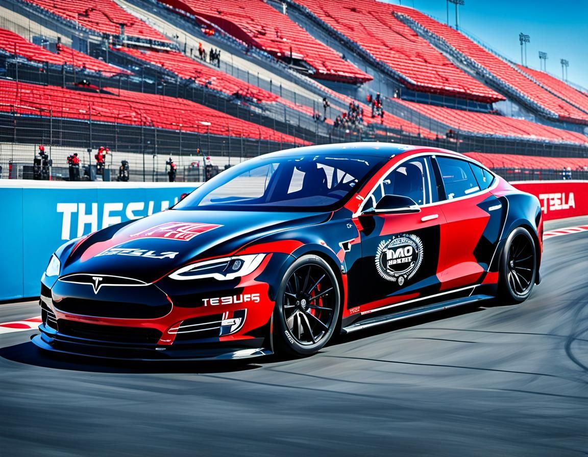 expressive highly detailed image of a sleek, red and black checkered, 2016 Tesla Model S stock car with a dragster engin...