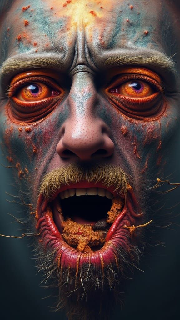 <lora:Insomnia Flux:1.0> <lora:farm horror:1.0> vivid Medium shot of a muscular Man <lora:steveface1:1.5>with extra hyperrealistic eyes dres...