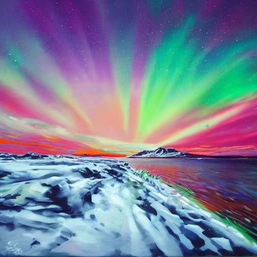 Snow on the beach underneath the northern lights