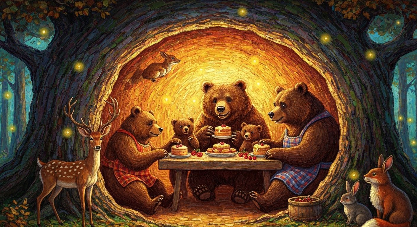 A bear family hosting a Thanksgiving dinner