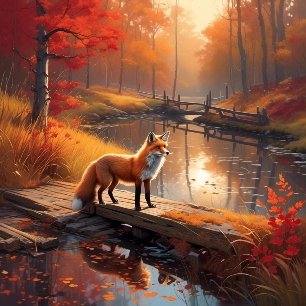 <lora:sMOkey:1.0> A red fox walking through an autumn paradise at golden hour, sunlight rays streaming through the trees, a small creek run...
