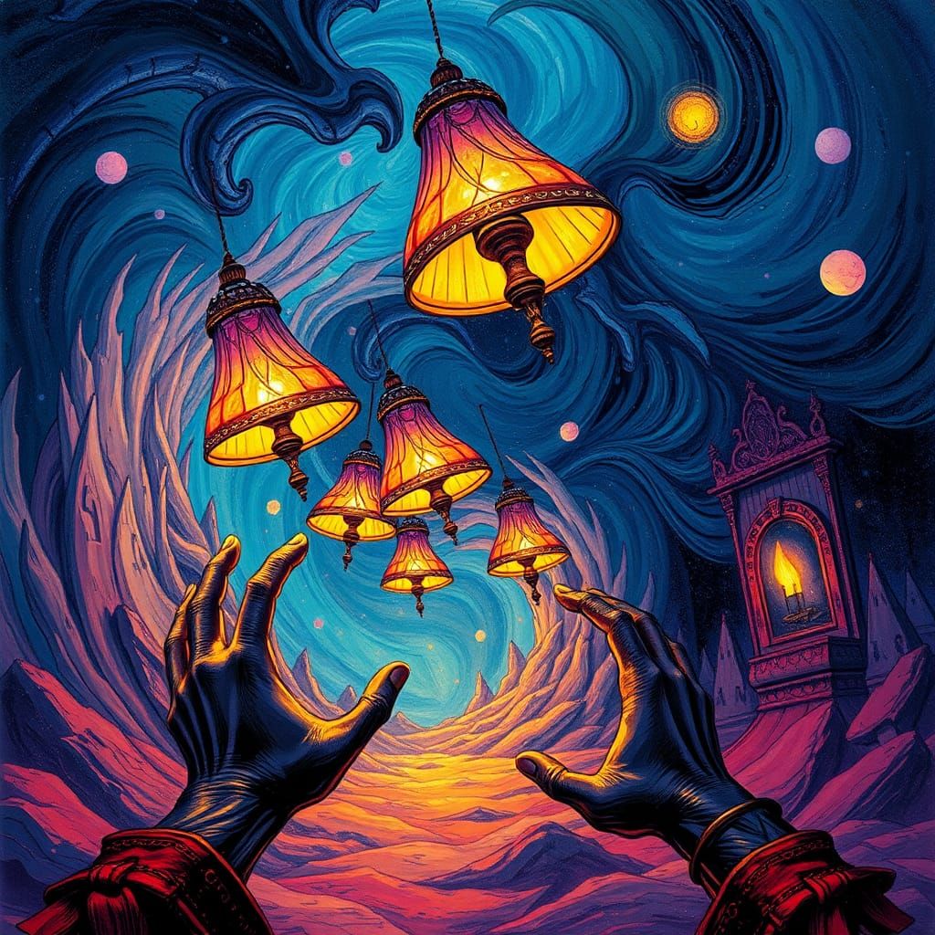 A surreal scene where lamps twist and float in mid-air, cast...