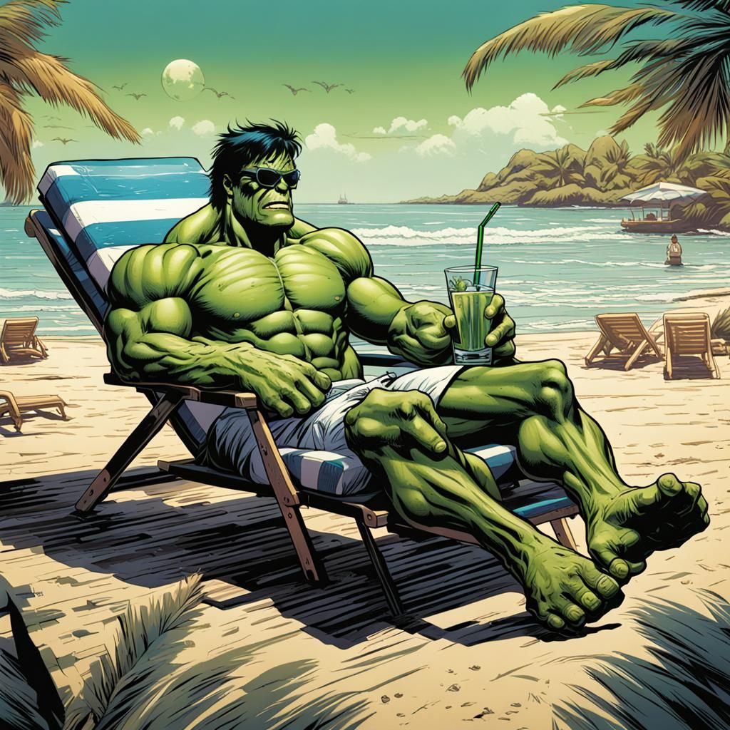incredible hulk on a sunnlounger on a beach with sunglasses on a