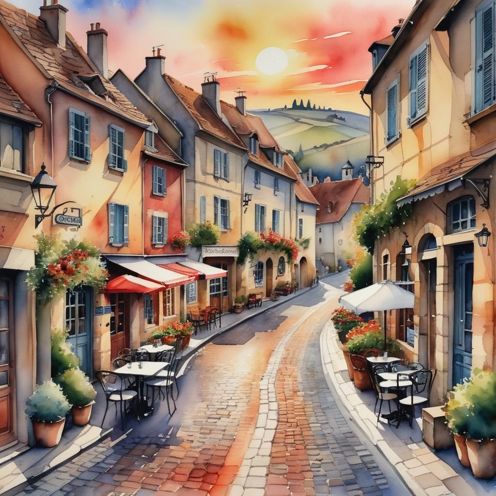 "watercolour painting of a french village with cafes and cob...