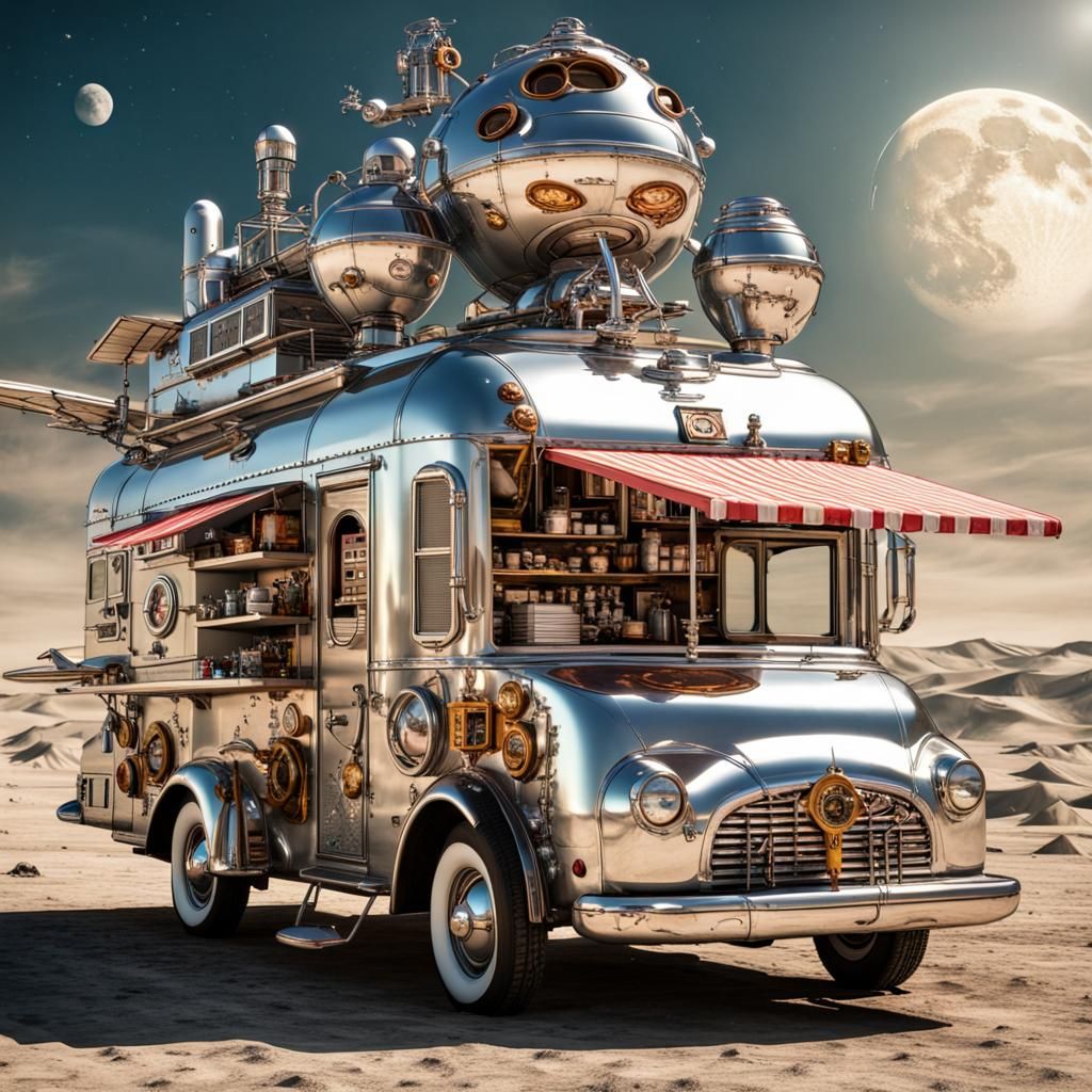 1950s flying Chrome steampunk themed futuristic fantasy food truck maximal whimsical on the moon with ...  by @Fun Guy