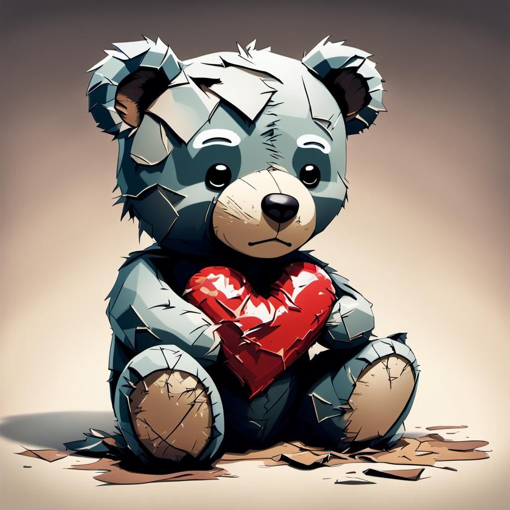 Sad Teddy Bear with Ripped Heart in Anime Style